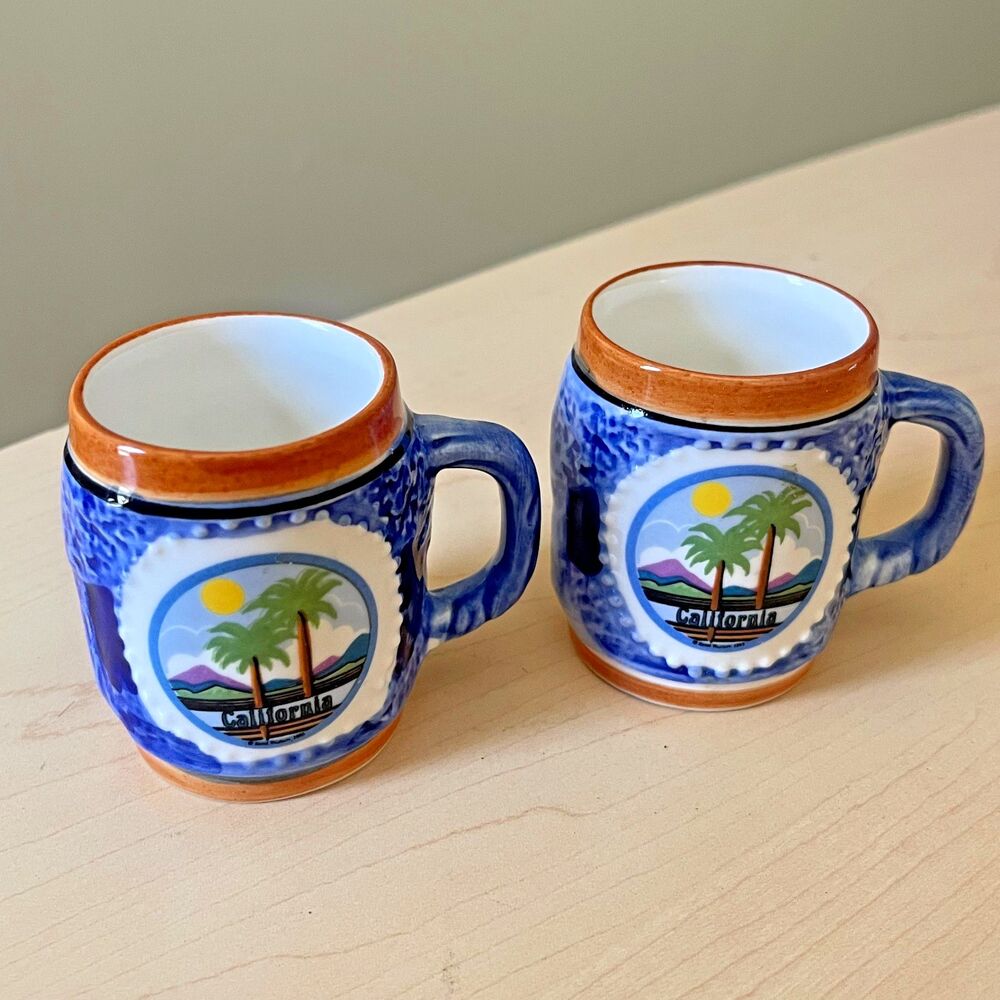 2 Vintage Ceramic California Souvenir Shot Glasses / Small Espresso Coffee Cups